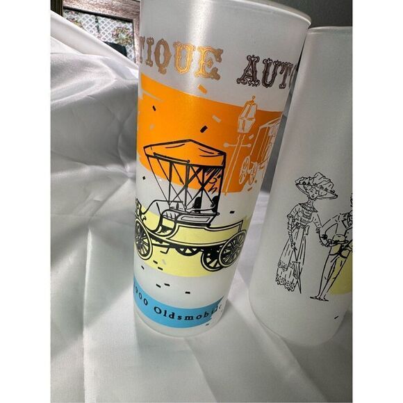 Anchor Hocking vintage MCM Antique Autos Frosted Tumbler three glasses highball - Picture 4 of 11
